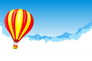 Mavi gökyüzünde beyaz bulutlar ve kuşlarla sıcak hava balonu. Görüntü, vektör