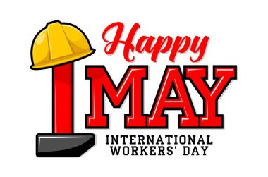 Uluslararası İşçi Bayramı için 1 Mayıs tebrik kartı. Üzerinde kask olan ters dönmüş bir çekiç şeklinde 1 Mayıs. Görüntü, vektör