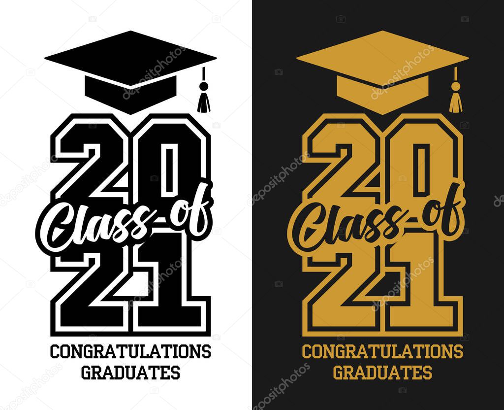 Class of 2021. The concept of design congratulations school graduation, flyer, invitation, uniform design. Illustration, vector on transparent and black background