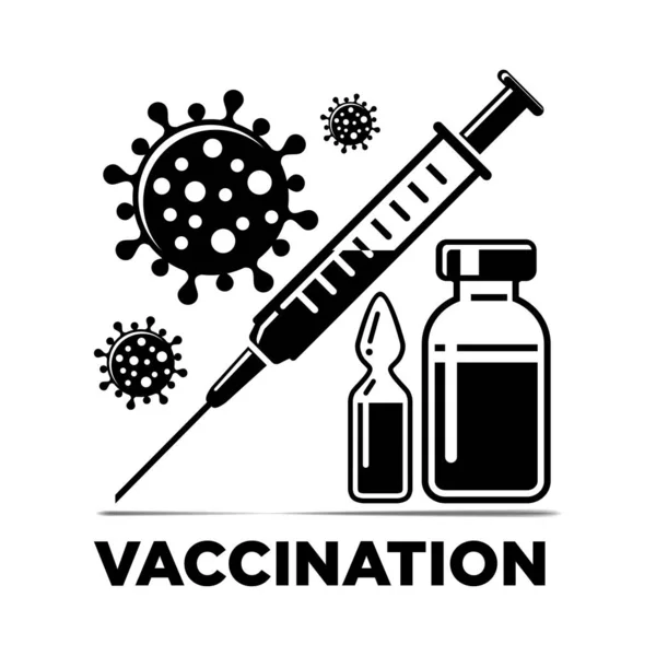 该给图标接种Covid疫苗了 用注射器 装有疫苗和病毒的瓶子和小瓶来说明病媒 — 图库矢量图片