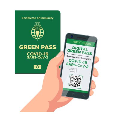 Dijital ve kağıt aşılama yeşil pasaport. Covid-19 salgınından sonra güvenli yolculuk. Şeffaf arkaplanda vektör