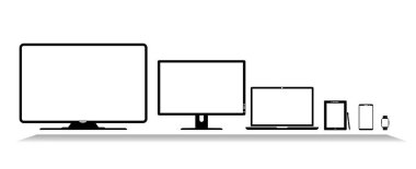  Teknoloji aygıtları simgeleri ayarlandı. Televizyon, bilgisayar, dizüstü bilgisayar, tablet, akıllı telefon, saat. Şeffaf arkaplanda vektör