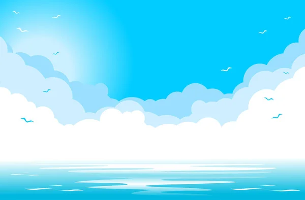 Cielo Azul Con Nubes Siluetas Gaviotas Sobre Mar Azul Ilustración — Vector de stock