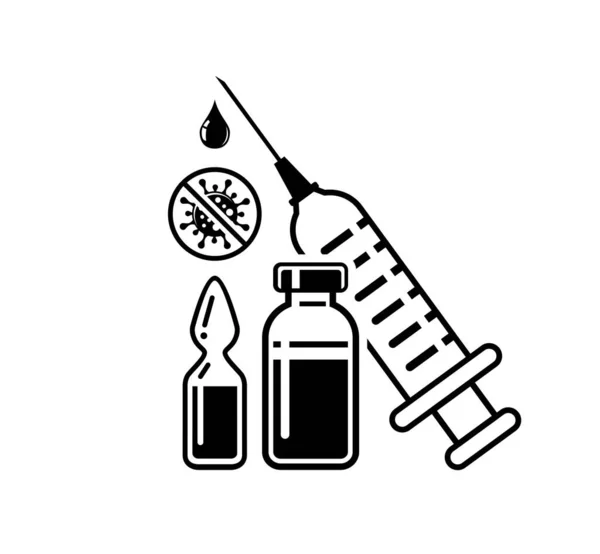 Covid 19全球疫苗接种概念 用针头 鼻腔和瓶子注射药物的医用注射器 停止验尸警告信号 透明背景下的矢量 — 图库矢量图片