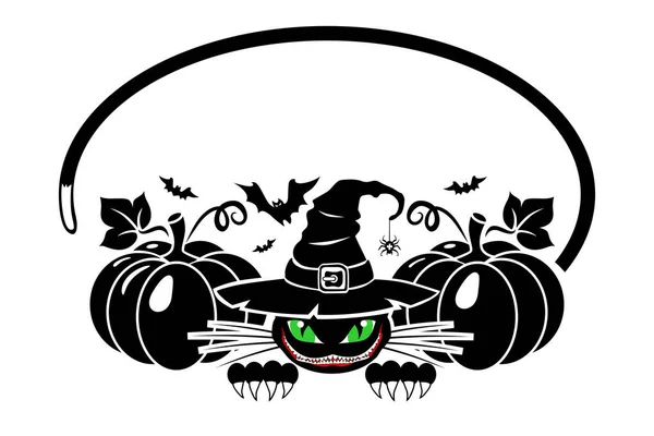 戴着巫婆帽子的黑猫笑着躲在南瓜中间 贺卡的概念万圣节的邀请函透明背景下的矢量 — 图库矢量图片