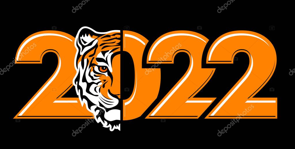 Happy new year 2022. Year of tiger, drawing tiger face and numbers 2022 for poster, brochure, banner, invitation card. Vector illustration on black background.