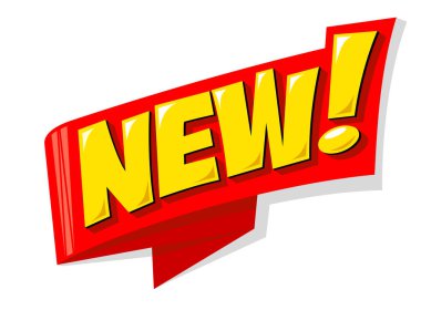 Yeni mi? Komik konuşma balonu. İndirim, promosyon, indirim, kırmızı ödül kurdelesinde gelen harfler. Şeffaf arkaplanda vektör