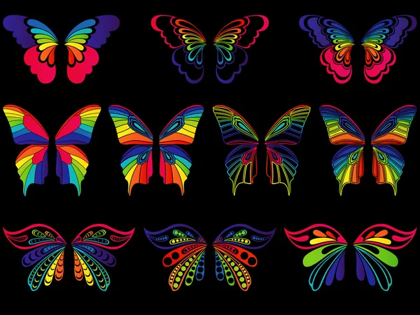 Color butterflies on the black background — Stock Vector
