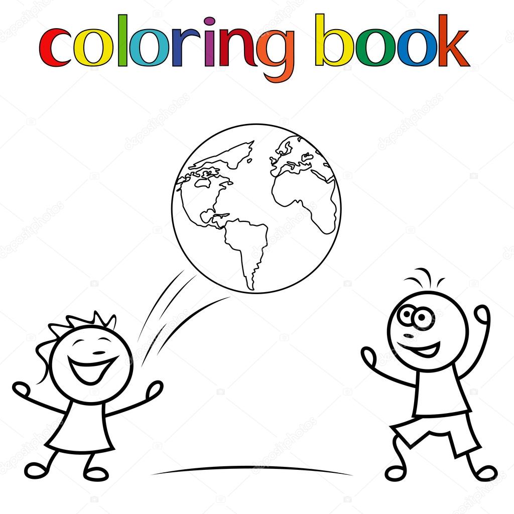 Ragazzo e ragazza che giocano con la palla e un mappamondo del fumetto per libro da colorare — Vettoriali di natreal Trova immagini simili