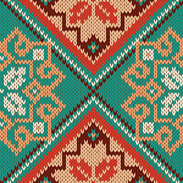 Motif tricoté sans couture principalement en turquoise et rouge — Image vectorielle