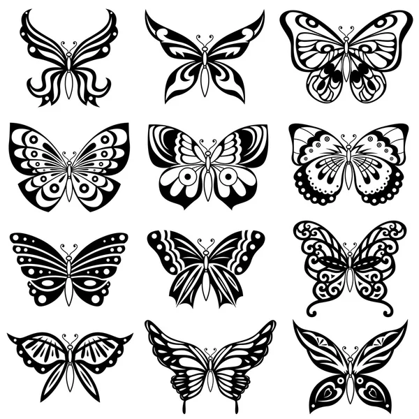 Set of twelve black butterflies — Stock Vector