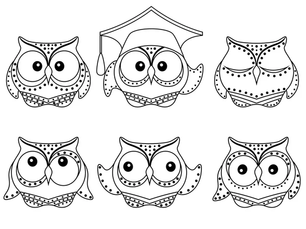 Six amusing owl outlines — Stock Vector