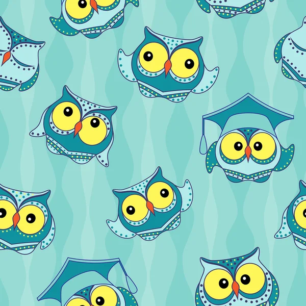 Amusing blue owls seamless pattern — Stock Vector