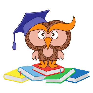 Kitaplar öbek üzerinde oturan komik Bilge Baykuş