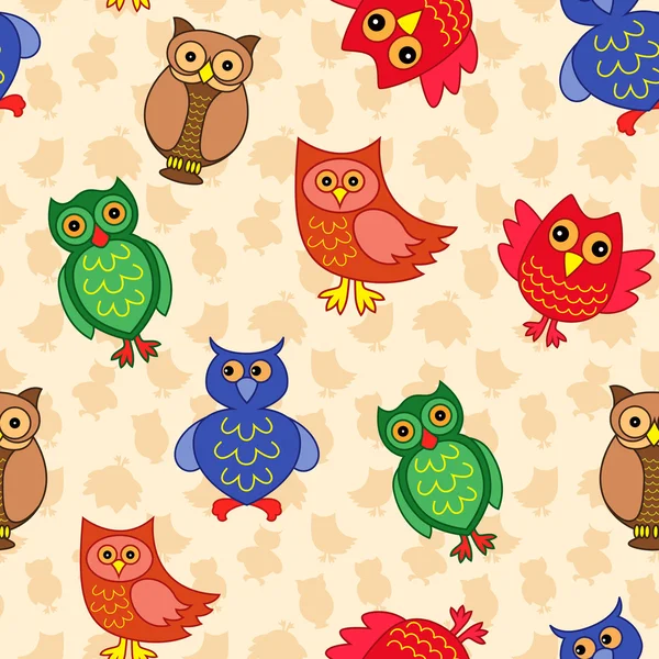 Amusing colourful owls seamless pattern — Stock Vector