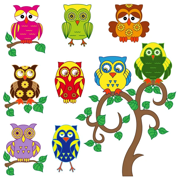 Set of various ornamental colorful owls — Stock Vector