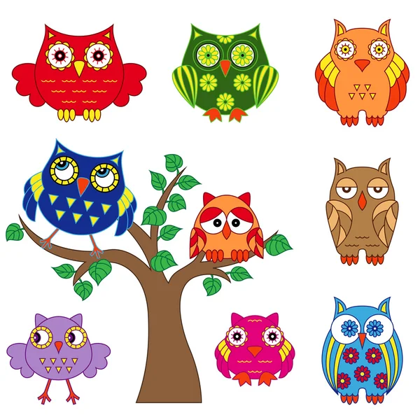 Set of ornamental colorful owls with tree — Stock Vector