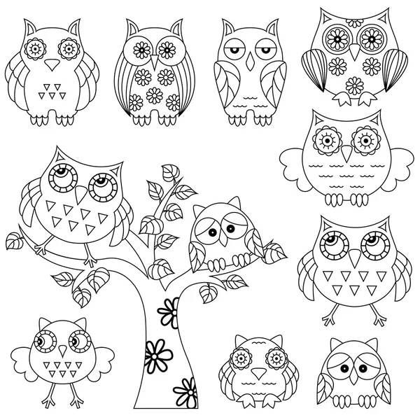 Set of ornamental owl and tree black outlines — Stock Vector