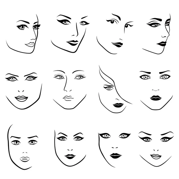 Set of twelve outlines of young women faces — Stock Vector