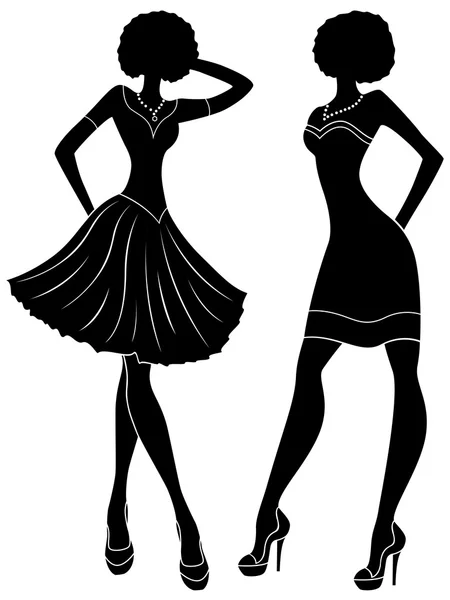 Fashion modeller i korta moderna klänningar stencil silhuetter — Stock vektor