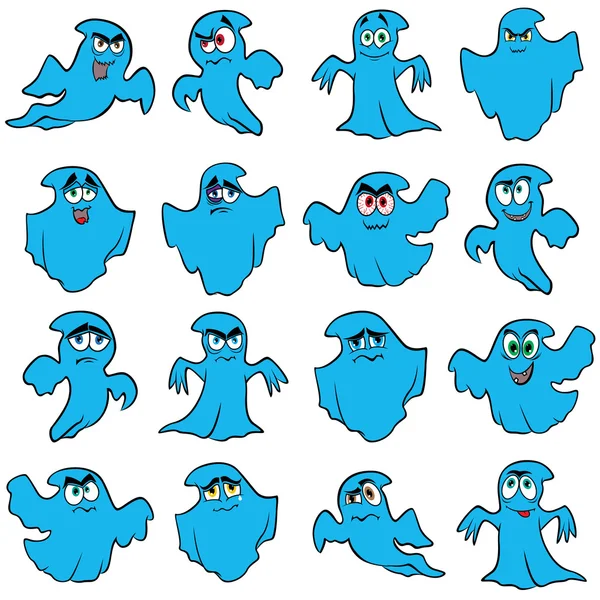 Set of sixteen blue flying ghosts — Stock Vector