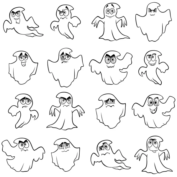 Set of sixteen funny flying ghost outlines — Stock Vector