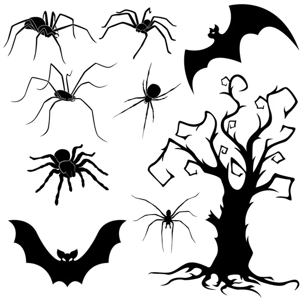 Juego de arañas, murciélagos y árboles secos para Halloween — Archivo Imágenes Vectoriales