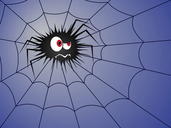 Halloween Angry spider on the blue cobweb — Stock Vector