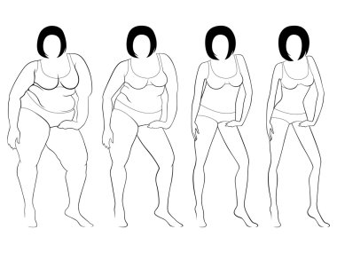 Four stages of a female slimming, contours clipart