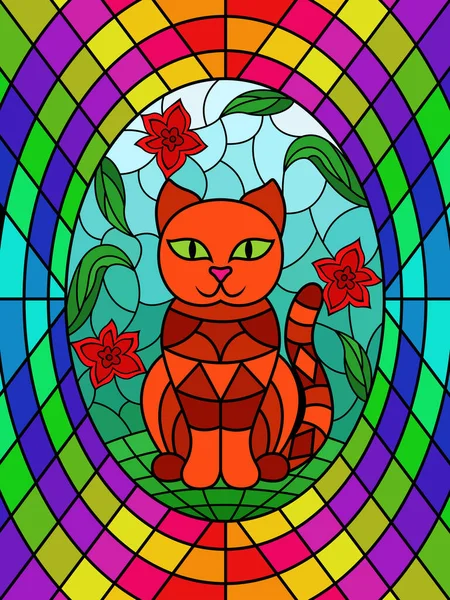 Bunte Glasmalerei Mit Lustigen Cartoon Katze Sitzt Zwischen Den Blumen — Stockvektor