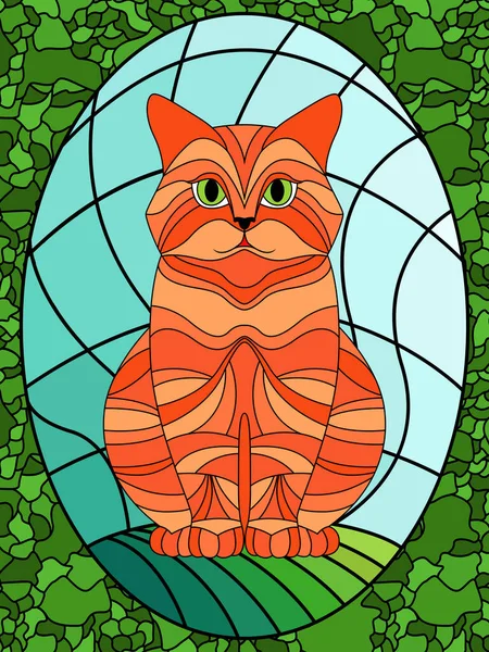 有趣而严肃的猫坐在天空的背景上 为孩子们在玻璃窗上装饰彩色玻璃 — 图库矢量图片