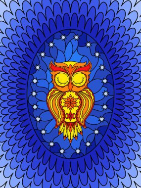 Kırmızı, sarı ve turuncu renkli komik uyuyan baykuş, çocuklar için vitraylı bir oda.