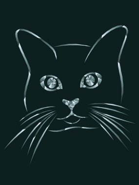 Siyah arkaplanda izole edilmiş yeşil-gri tonlarda komik kedi kafası mozaiği, çocuklar için cam süsleme