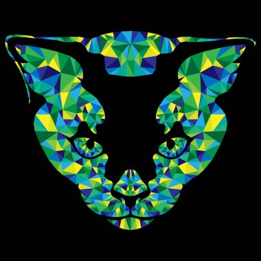 Çizgi film mozaiği. Yeşil, mavi ve sarı renkli kedi ağızlığı. Siyah arka planda izole edilmiş.