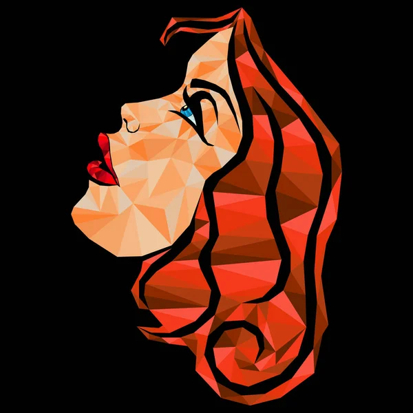 黒の背景に隔離された濃いオレンジ色の髪で 上を見上げ官能的な女性のモザイクの顔 サイドを見る — ストックベクタ
