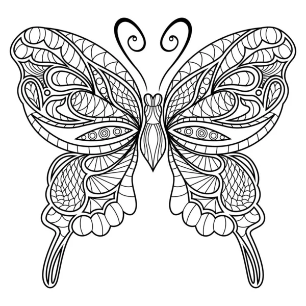 Black Stencil Ornamental Beautiful Butterfly Isolated White Background Hand Drawing — Stock Vector