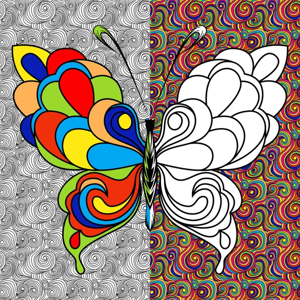 Mozaik Zemin Üzerinde Renkli Süslemeli Güzel Kelebek Bir Boyama Kitabı — Stok Vektör