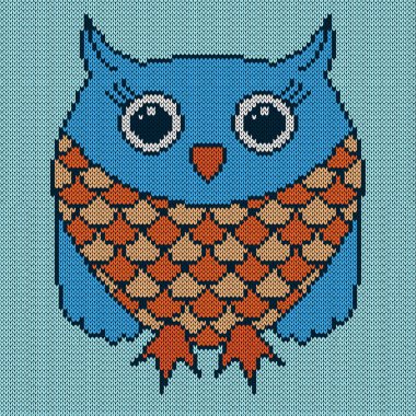 Çizgi film örgü komik baykuş, mavi ve turuncu renkli büyük gözler, soluk mavi arkaplan, tekstil üretimi için illüstrasyon