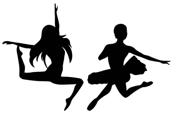 Абстрактные Черные Трафаретные Силуэты Привлекательных Стройных Танцовщиц Прыжке Векторная Иллюстрация — стоковый вектор