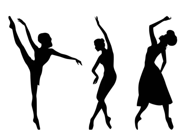 Abstracte Zwarte Stencil Silhouetten Van Drie Dames Danser Beweging Hand — Stockvector