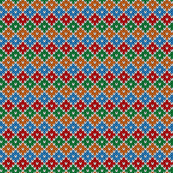 Seamless knitting colorful ornate in blue, red, green and orange colors, vector pattern as a fabric texture