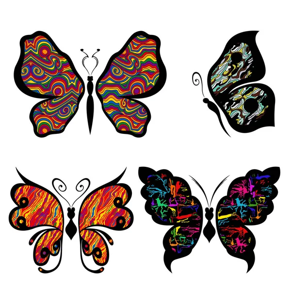 Set Four Beautiful Decorative Butterflies Multicolor Elements Isolated White Background — Stock Vector