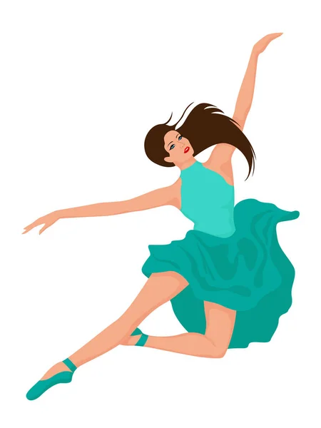 Mooie Vrouw Danser Turquoise Jurk Sprong Handtekening Vector Geïsoleerd Witte — Stockvector