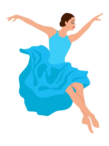 Belle Danseuse Robe Bleue Douce Saut Vecteur Dessin Main Isolée — Image vectorielle