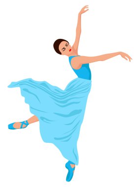 Soluk mavi elbiseli zarif balerin, el çizimi vektörü, beyaz arka planda izole edilmiş.