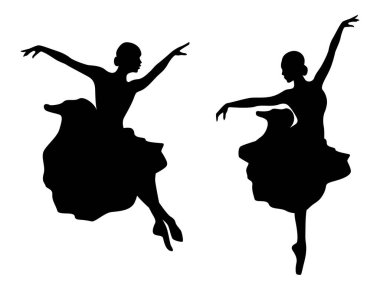 Soyut, çekici, ince kadın dansçı, siyah şablon siluetler, el çizimi vektör çizimi.