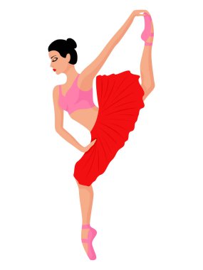 Kırmızı bluzlu ve etekli zarif bayan dansçı, el çizimi vektörü, beyaz arka planda izole edilmiş.