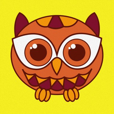 Parlak sarı arka planda, yağlı boya olarak yapılmış komik bir oval baykuş tasviri.