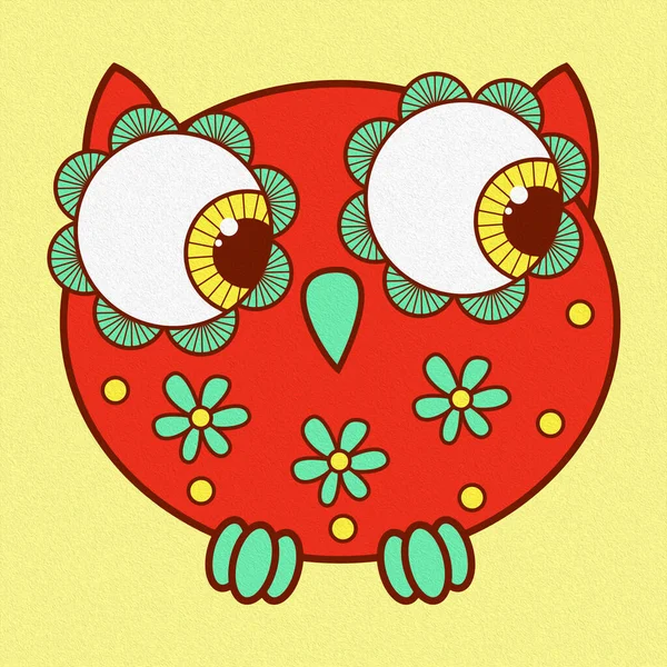 Illustration Funny Cartoon Oval Owl Red Turquoise Yellow Hues Made — Stock Photo, Image