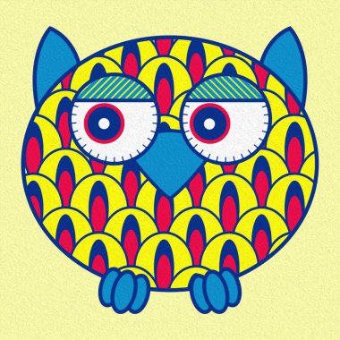 Soluk sarı arka planda, yağlı boya resim olarak yapılmış komik bir oval baykuş çizimi.